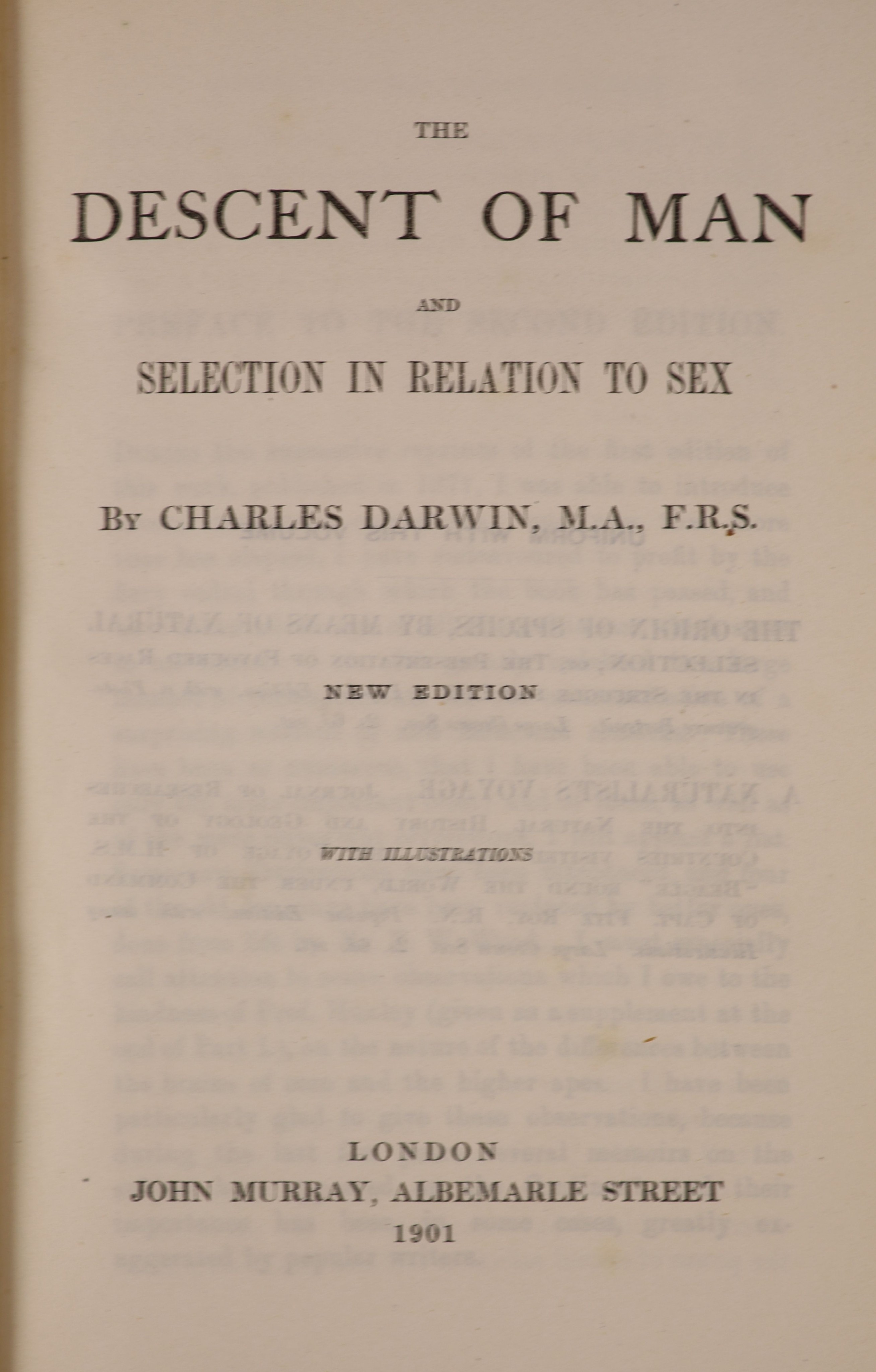 Darwin, Charles - The Origin of the Species, 6th edition, 8vo, original cloth, John Murray, London, 1895 and The Descent of Man, 8vo, original cloth, John Murray, London, 1901 (2)